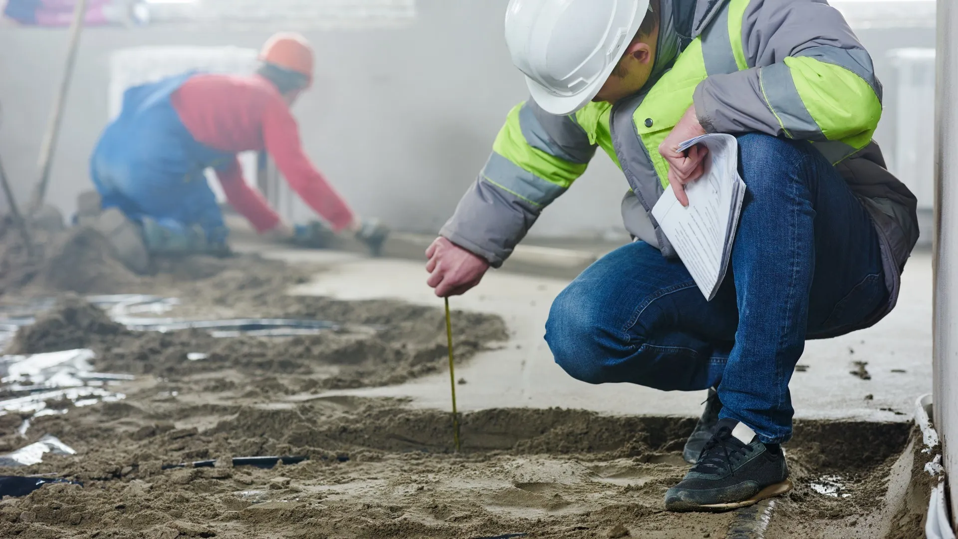 Voorman aannemer inspecteert dikte van betonlaag in appartement