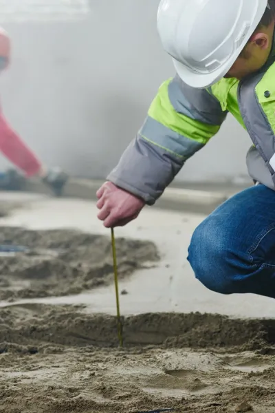 Voorman aannemer inspecteert dikte van betonlaag in appartement