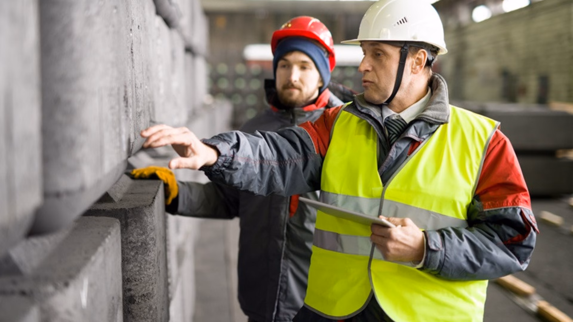 portret van volwassen werknemer met warme jas en veiligheidshelm met behulp van digitale tablet terwijl hij de productie van betonblokken bespreekt met stagiair in werkplaats