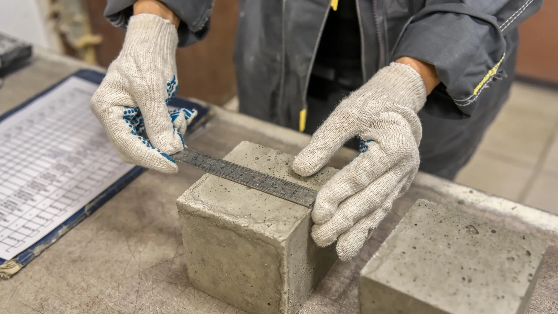 Laboratorium voor het testen van bouwmaterialen Laboratoriumtechnicus meet de grootte van een betonnen kubus met behulp van een metalen liniaal