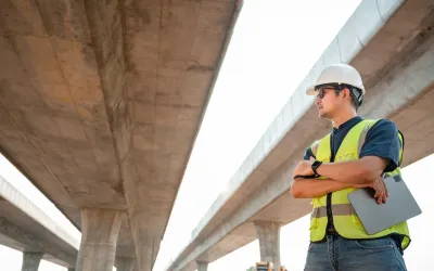 Aziatische mannelijke ingenieur die werkt bij het plannen van een bouwproject Ingenieur die toezicht houdt op de bouw van een betonnen brug op een bouwplaats