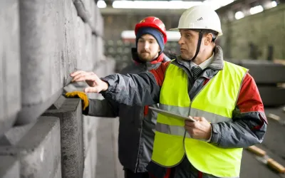portret van volwassen werknemer met warme jas en veiligheidshelm met behulp van digitale tablet terwijl hij de productie van betonblokken bespreekt met stagiair in werkplaats