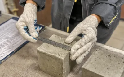 Laboratorium voor het testen van bouwmaterialen Laboratoriumtechnicus meet de grootte van een betonnen kubus met behulp van een metalen liniaal