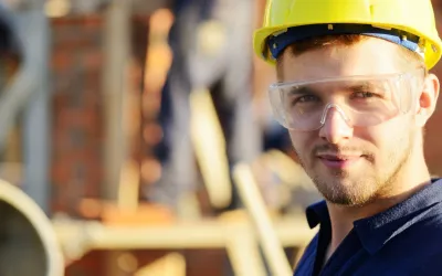 mannelijke bouwvakker glimlachend bouwterrein