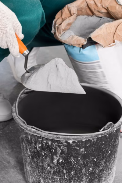 Werknemer mengt cementpoeder met een troffel