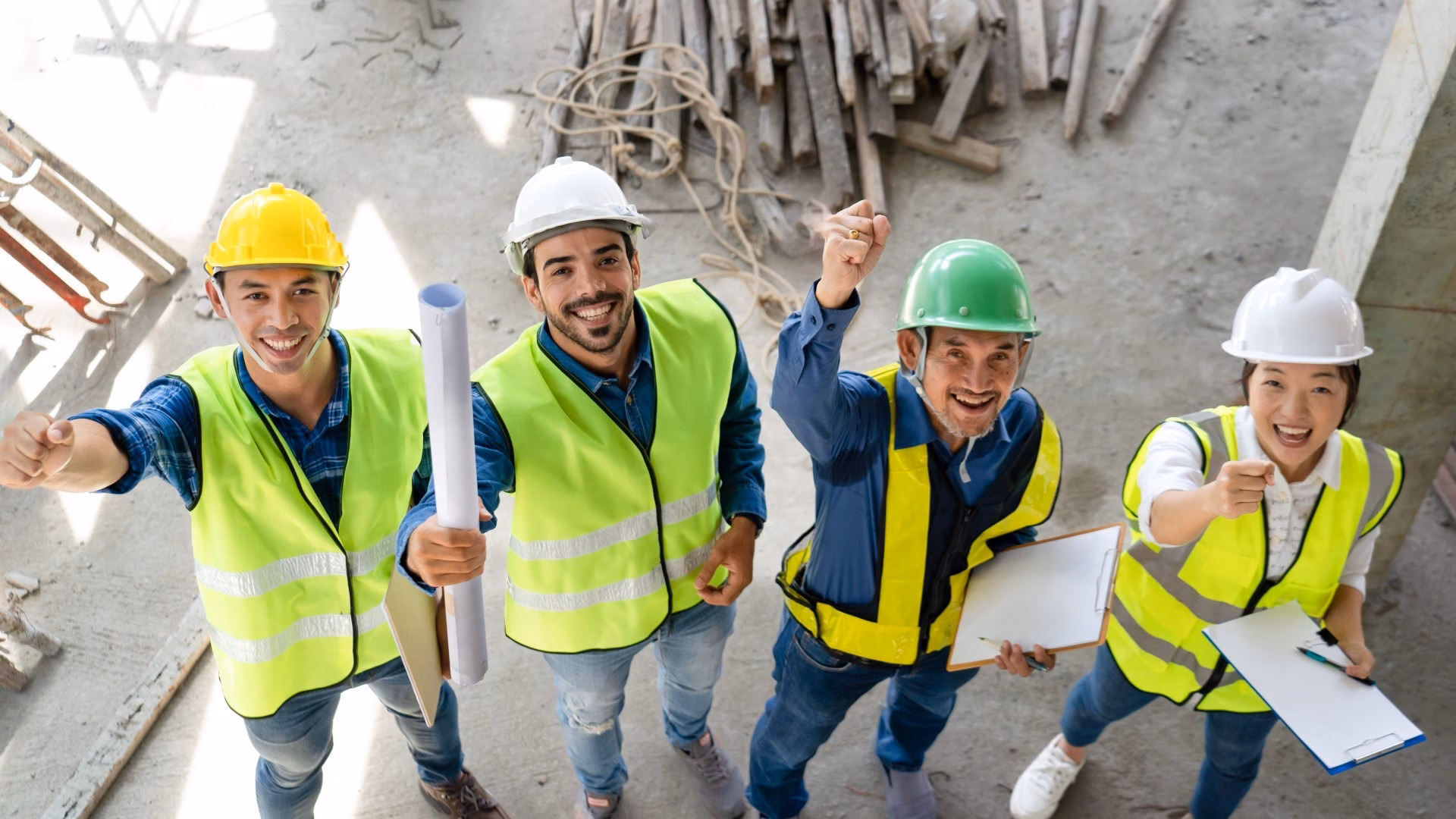 Een team van vier ingenieurs met veiligheidshesjes en helmen juicht.
