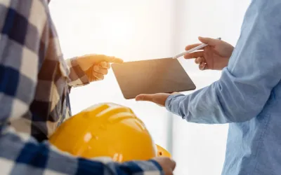 Twee mannen, waarvan een een gele helm bij zich heeft, bespreken met elkaar wat er op een tablet staat.