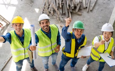 Een team van vier ingenieurs met veiligheidshesjes en helmen juicht.