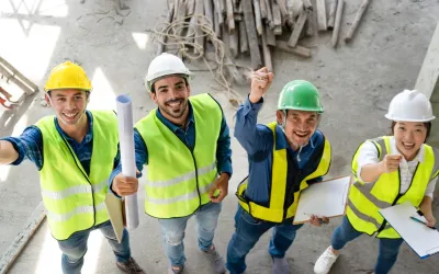 Een team van vier ingenieurs met veiligheidshesjes en helmen juicht.