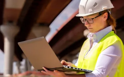 Een werkvoorbereider in een geel hesje en met een witte helm werkt onder een brug op een laptop.