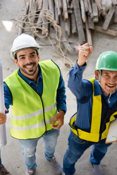 Een team van vier ingenieurs met veiligheidshesjes en helmen juicht.