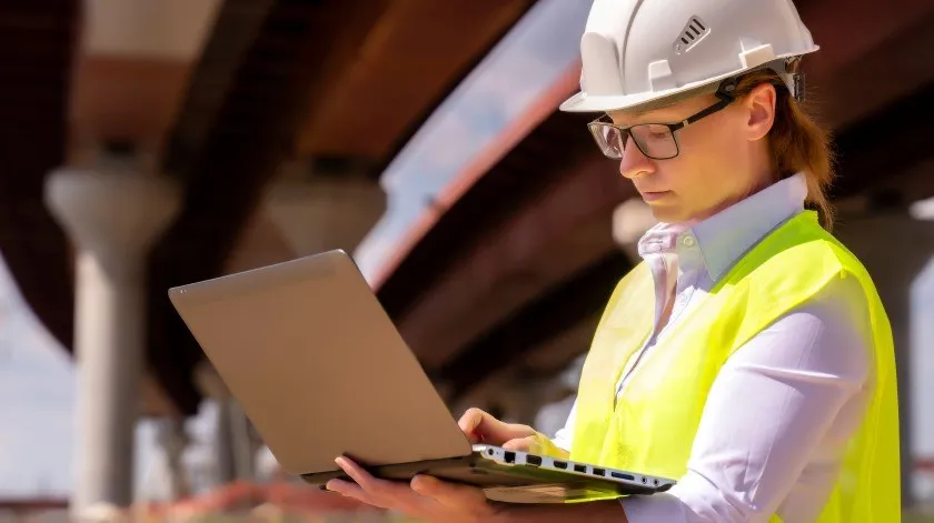 Een werkvoorbereider in een geel hesje en met een witte helm werkt onder een brug op een laptop.