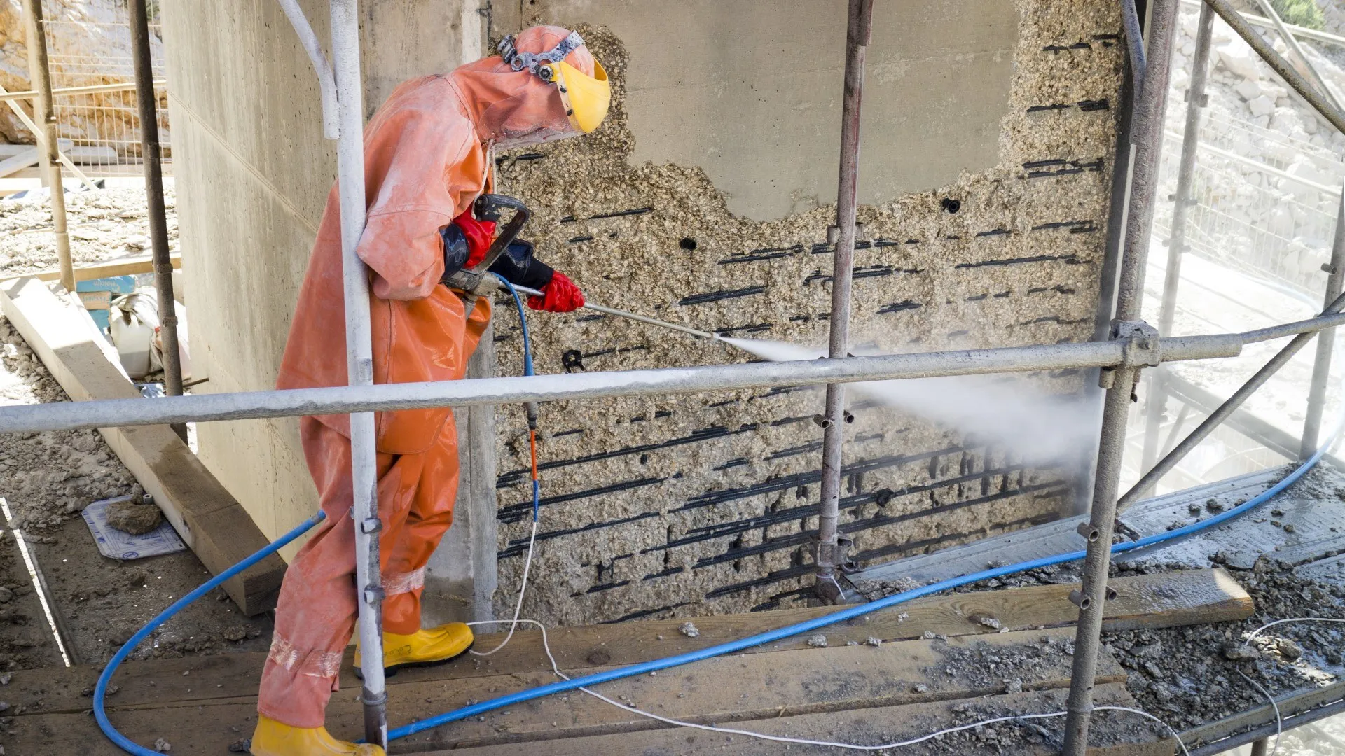 Medewerker in een oranje pak straalt beton weg waardoor roestende wapening zichtbaar wordt