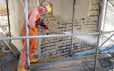 Medewerker in een oranje pak straalt beton weg waardoor roestende wapening zichtbaar wordt