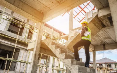 Jonge professionele ingenieur met helm inspecteert schade op een betonnen trap