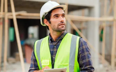 Portret van een civiel ingenieur met helm en hesje op een bouwplaats
