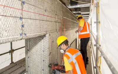 Twee medewerkers met helm en hesje brengen kathodische bescherming aan