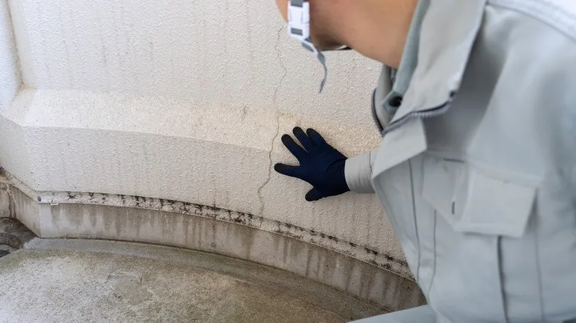 Medewerkers inspecteert een scheur in een betonnen wand