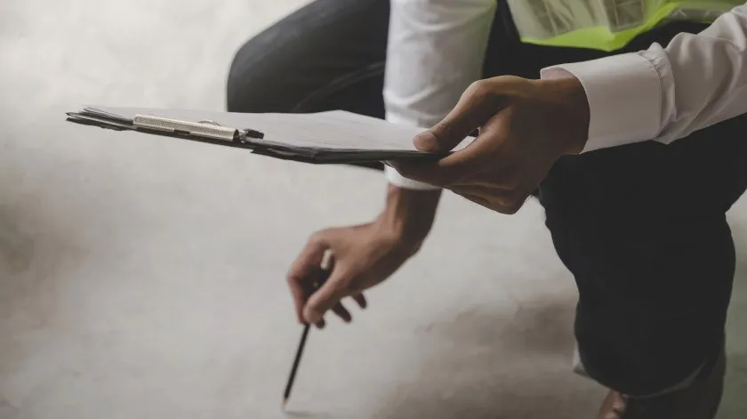 Medewerker met klembord inspecteert een betonnen vloer