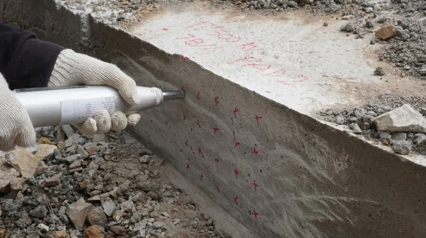 Medewerker gebruikt een Schmidt hamer om non-destructief het beton te testen