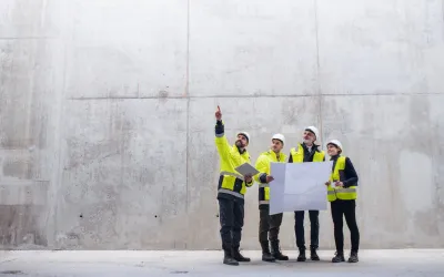 Een groep ingenieurs in gele hesjes en witte helmen staat voor een betonnen muur en bekijkt een bouwtekening