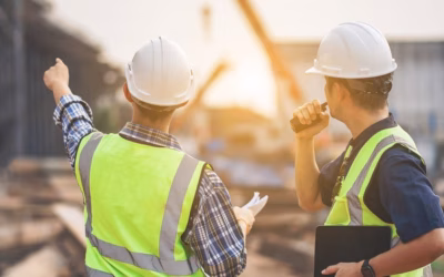 Twee ingenieurs in gele hesjes en met witte helmen inspecteren een bouwplaats