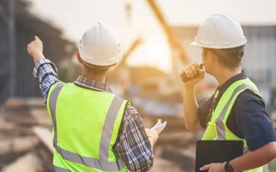 Twee ingenieurs in gele hesjes en met witte helmen inspecteren een bouwplaats