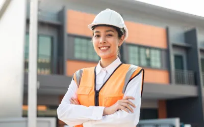 Een glimlachende ingenieur in een oranje hesje en een witte helm staat voor een moderne woning