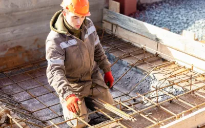 Een bouwvakker met een oranje helm en handschoenen werkt aan de stalen draden van wapening