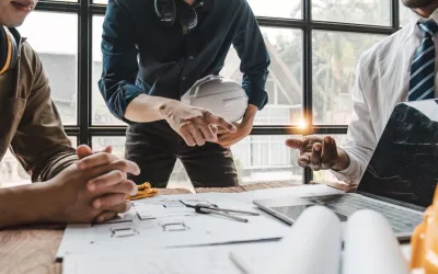 Een bijeenkomst van drie ingenieurs over een ontwerp.