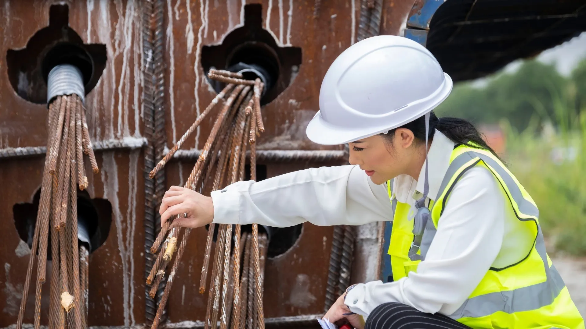 Een civiel ingenieur inspecteert de voorspanstrengen voor voorgespannen beton