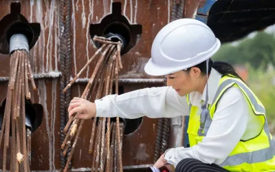 Een civiel ingenieur inspecteert de voorspanstrengen voor voorgespannen beton