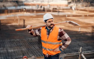 Een bouwplaatsmedewerker staat met een schop over zijn schouder op een bouwplaats met veel wapening