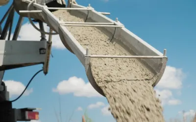 Een cementmixer lost betonspecie op een bouwplaats
