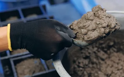 Een medewerker in het lab met een zwarte handschoen aan schept betonspecie uit een emmer om betonkubussen te maken om te testen.