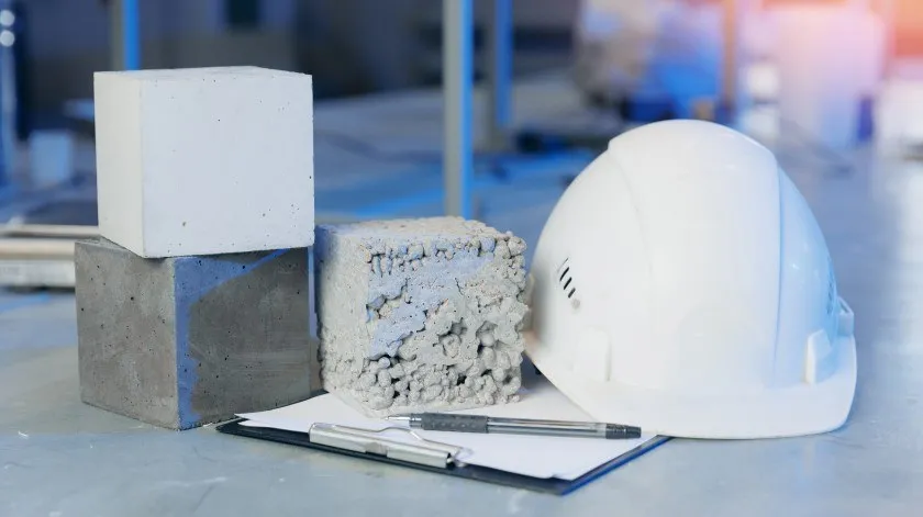 Drie betonblokjes in verschillende kleuren op een clipboard met een witte bouwhelm ernaast.
