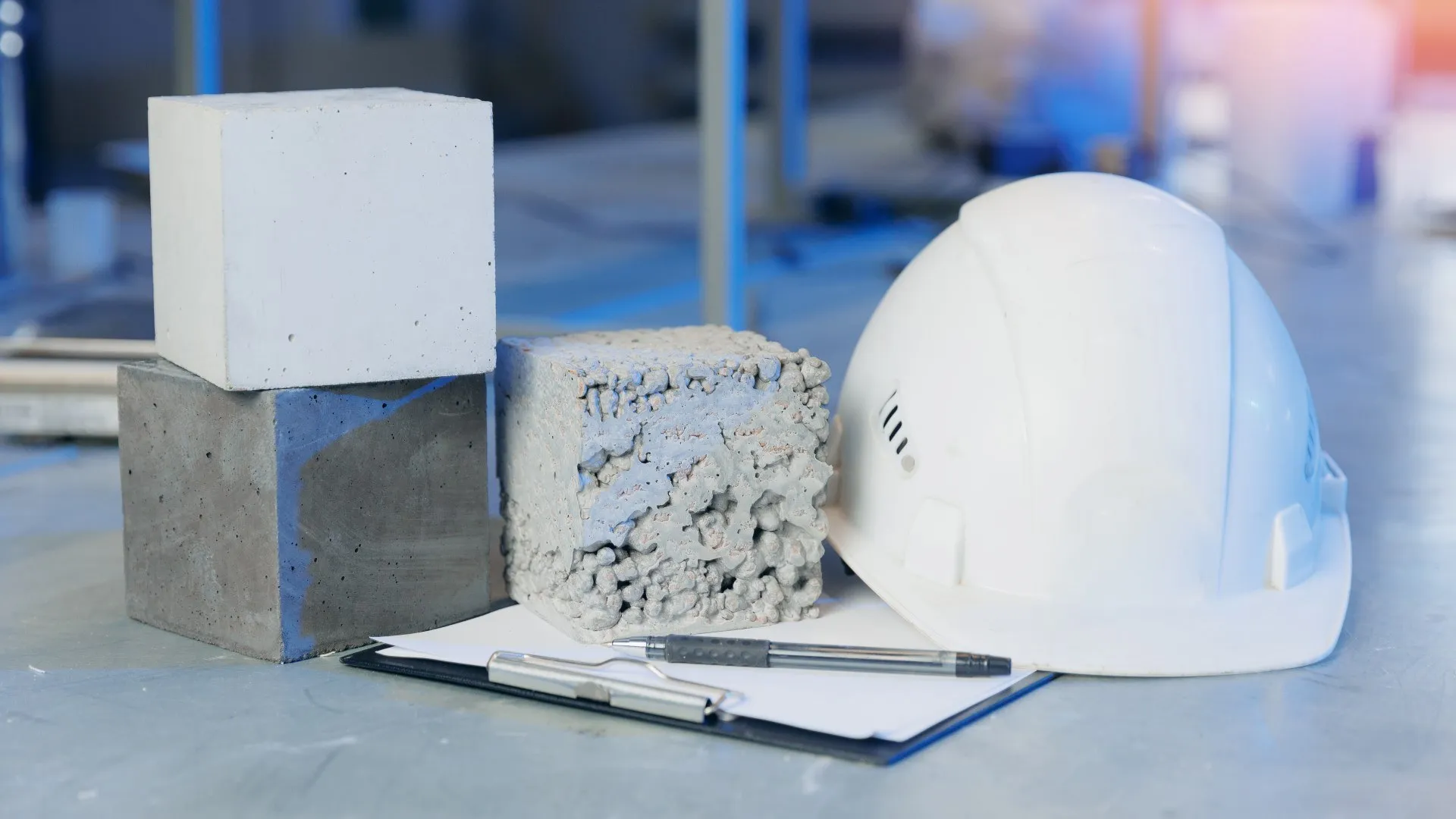 Drie verschillende betonnen kubussen liggen op een klembord naast een witte bouwhelm