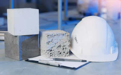 Drie verschillende betonnen kubussen liggen op een klembord naast een witte bouwhelm