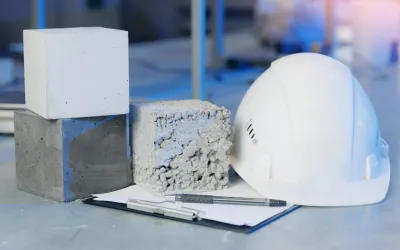 Drie verschillende betonnen kubussen liggen op een klembord naast een witte bouwhelm