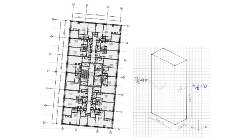 Architectonische plattegrond van het gebouw verstrekt door Arup en geometrie van de beschouwde case