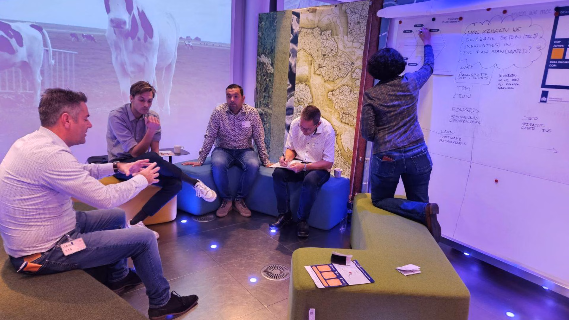 Deelnemers aan een interactieve sessie waarbij een deelnemer op papier aantekeningen maakt.